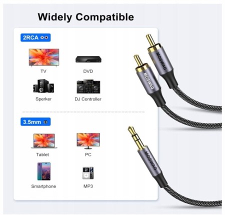 MOSWAG Adapter audio stereo 3,5 mm kabel koncentryczny do wtyczki 2RCA