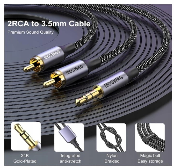 MOSWAG Adapter audio stereo 3,5 mm kabel koncentryczny do wtyczki 2RCA