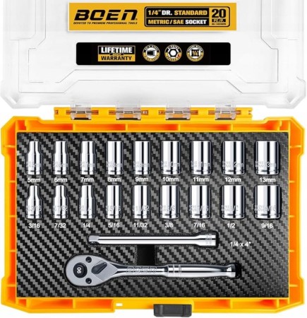 Zestaw 20 nasadek 1/4" (5-13 mm) 3/16-9/16'' z grzechotką przedłużką