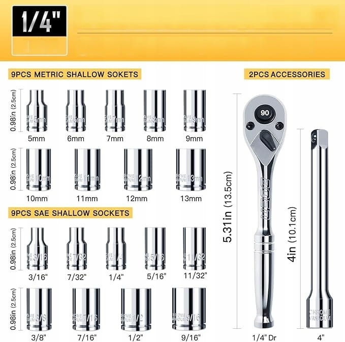 Zestaw 20 nasadek 1/4" (5-13 mm) 3/16-9/16'' z grzechotką przedłużką