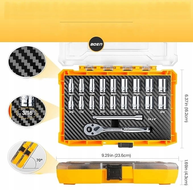 Zestaw 20 nasadek 1/4" (5-13 mm) 3/16-9/16'' z grzechotką przedłużką