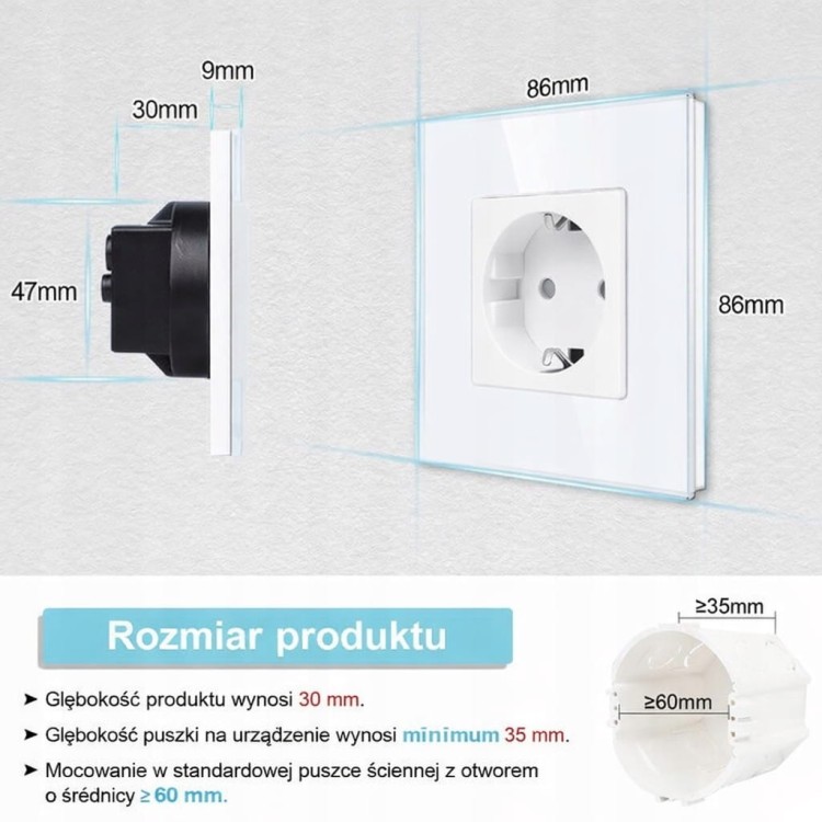 Gniazdko elektryczne szklane podtynkowe z zabezpieczeniem dla dzieci białe