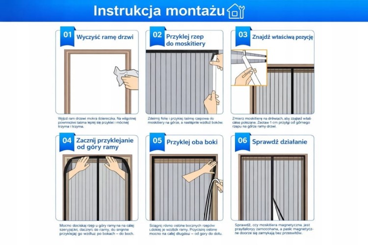 Moskitiera Magnetyczna na Drzwi 100x220cm Czarna Mocne Magnesy Siatka