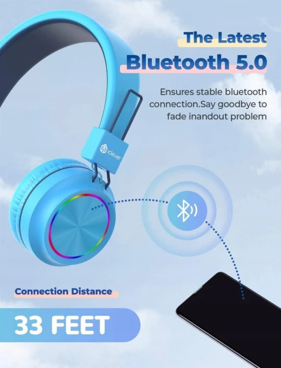 Słuchawki Bezprzewodowe dla Dzieci LED 85dB Bluetooth Mikrofon iClever