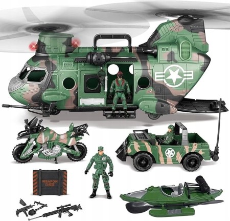 Wojskowy Zestaw Helikopter Ciężarówka Łódź Motor Żołnierze Dźwięk Światło
