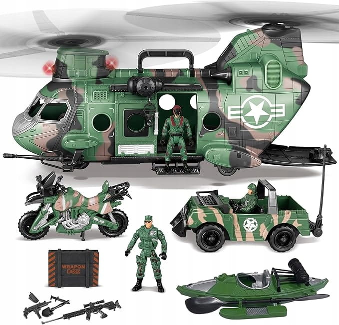 Wojskowy Zestaw Helikopter Ciężarówka Łódź Motor Żołnierze Dźwięk Światło