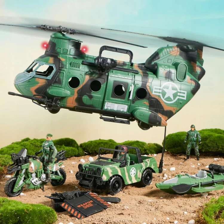 Wojskowy Zestaw Helikopter Ciężarówka Łódź Motor Żołnierze Dźwięk Światło