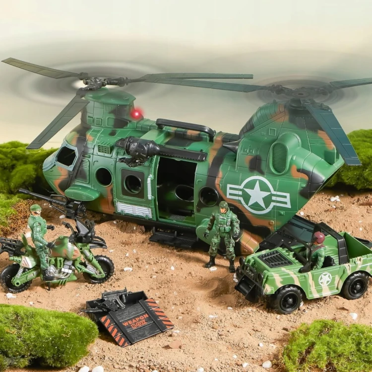Wojskowy Zestaw Helikopter Ciężarówka Łódź Motor Żołnierze Dźwięk Światło