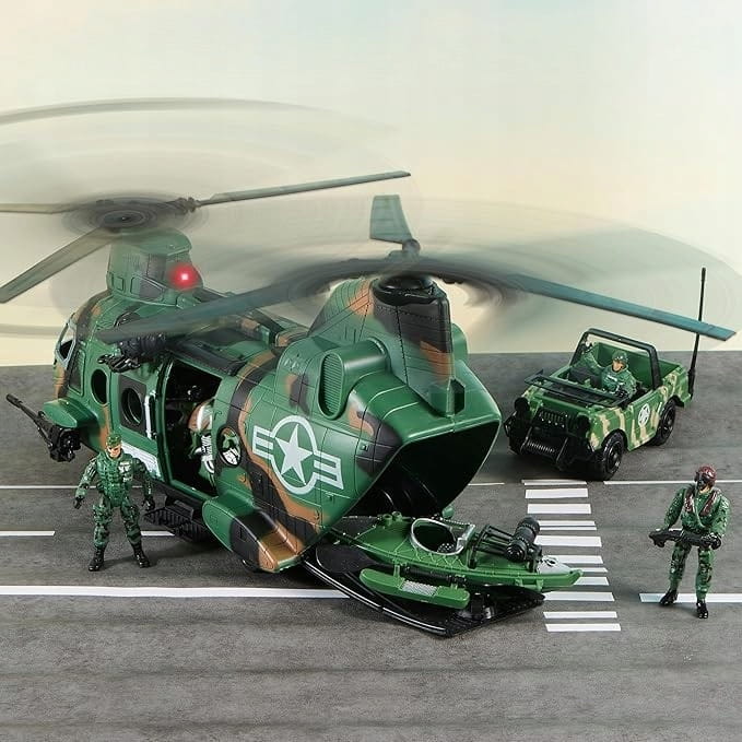 Wojskowy Zestaw Helikopter Ciężarówka Łódź Motor Żołnierze Dźwięk Światło