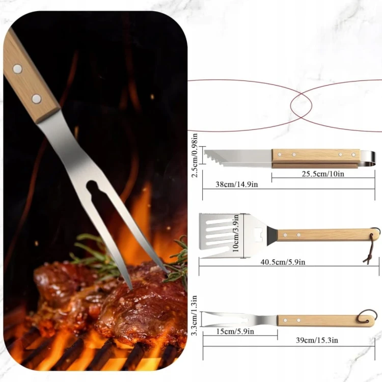 Zestaw do Grilla Przybory Sztućce BBQ 3 Elementy Stal Nierdzewna Solidne
