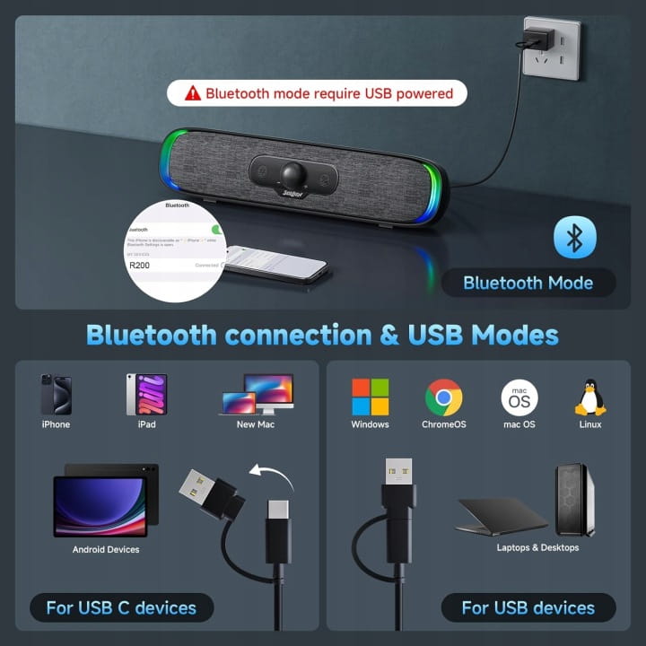 Głośnik Soundbar PC Bluetooth RGB USB-C LED Gamingowy Soulion R200