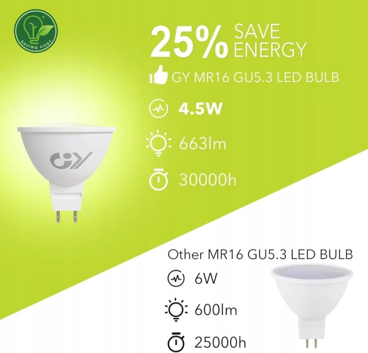 Żarówki LED MR16 GU5.3 12V 4.5W 663lm Zestaw 12 sztuk GY Ciepła Biel
