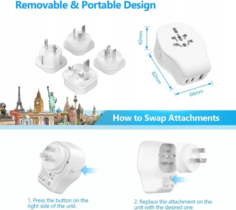 Adapter Podróżny Przejściówka Świat USB-C PD 20W JSVER Uniwesalny UK USA AU
