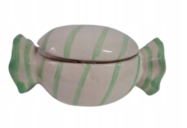 Ceramiczny pojemnik w kształcie landrynki, zielono-białe paski, 19x11x9 cm