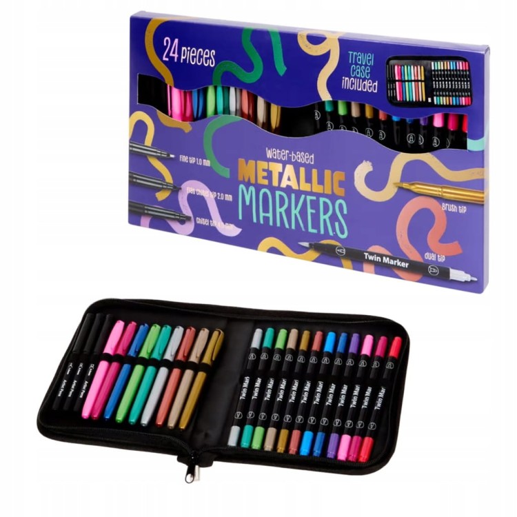 Podwójne PISAKI wodne MARKERY metaliczne do kaligrafii + etui zestaw 24 szt