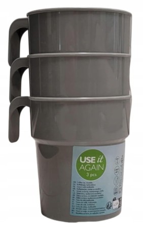 Kubki szklanki do kawy Wielorazowe plastikowe 3 szt 300 ml szare